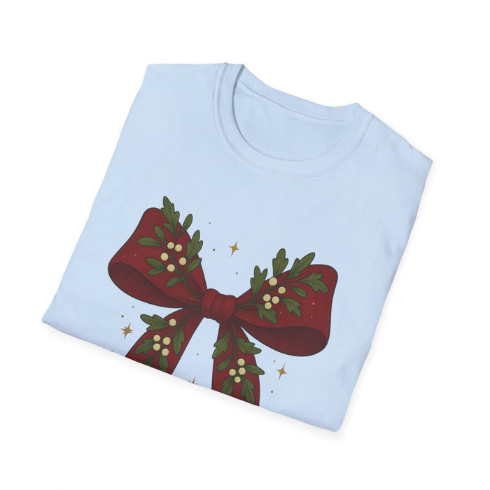 women's Christmas bow tee styled for holiday wear