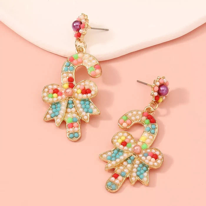 Christmas Candy Cane Bow Drop Earrings