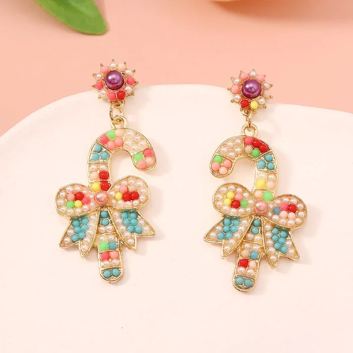 Christmas Candy Cane Bow Drop Earrings
