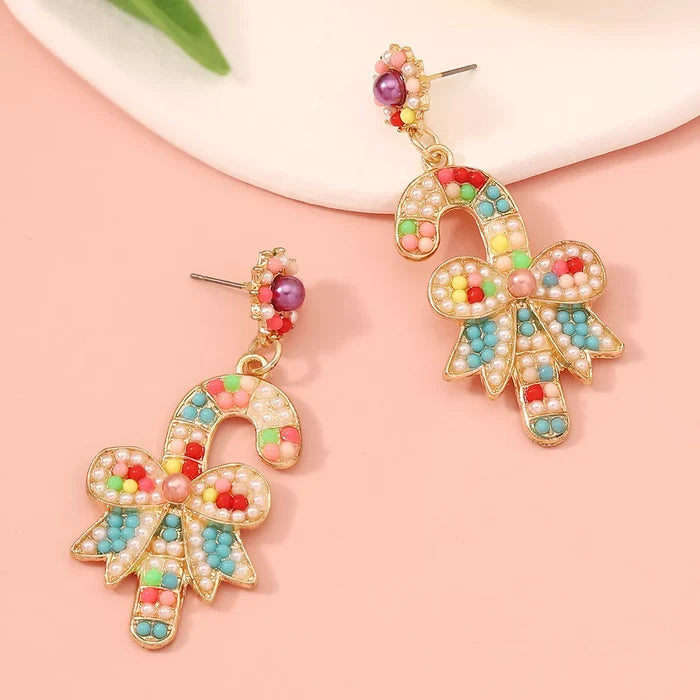 Christmas Candy Cane Bow Drop Earrings