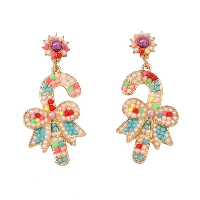 Christmas Candy Cane Bow Drop Earrings