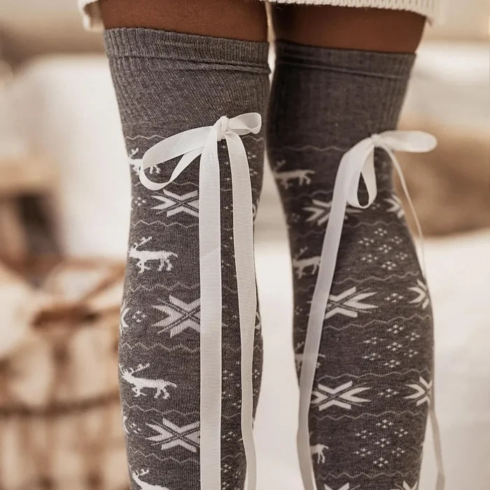 Christmas Element Bowknot Ribbed Trim Over Knee Stockings