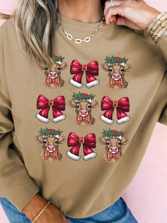 Christmas Heifer Bow Knot Print Casual Sweatshirt