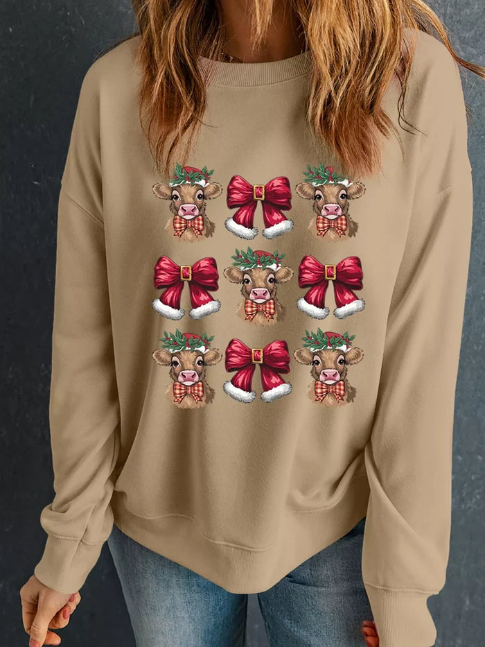 Christmas Heifer Bow Knot Print Casual Sweatshirt