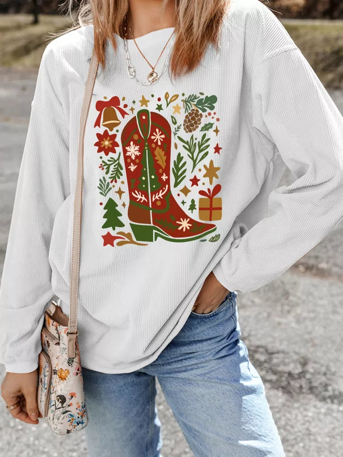 Christmas Leafy Boot Printed Corded Rib Drop Shoulder Sweatshirt