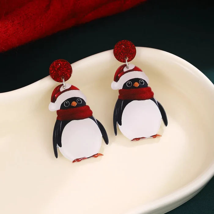 Christmas Penguin Santa Hat Holiday Earrings
