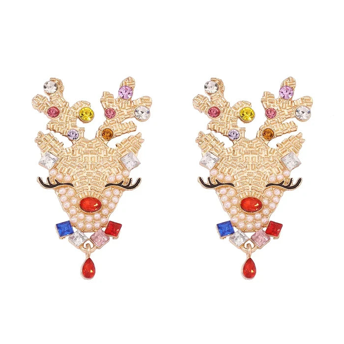Christmas Reindeer Earrings with Colorful Rhinestones