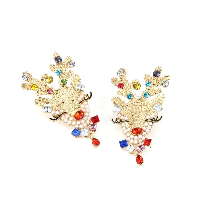 Christmas Reindeer Earrings with Colorful Rhinestones