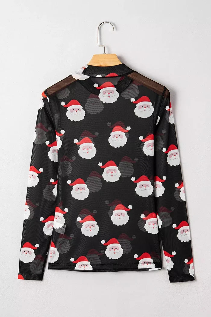 Christmas Santa Print Mesh Long Sleeve Top