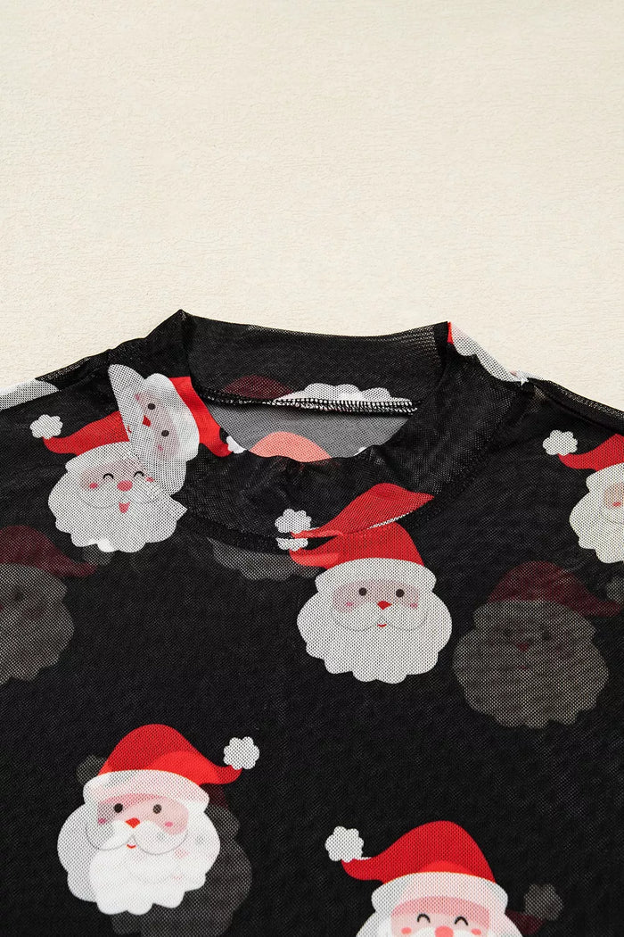 Christmas Santa Print Mesh Long Sleeve Top