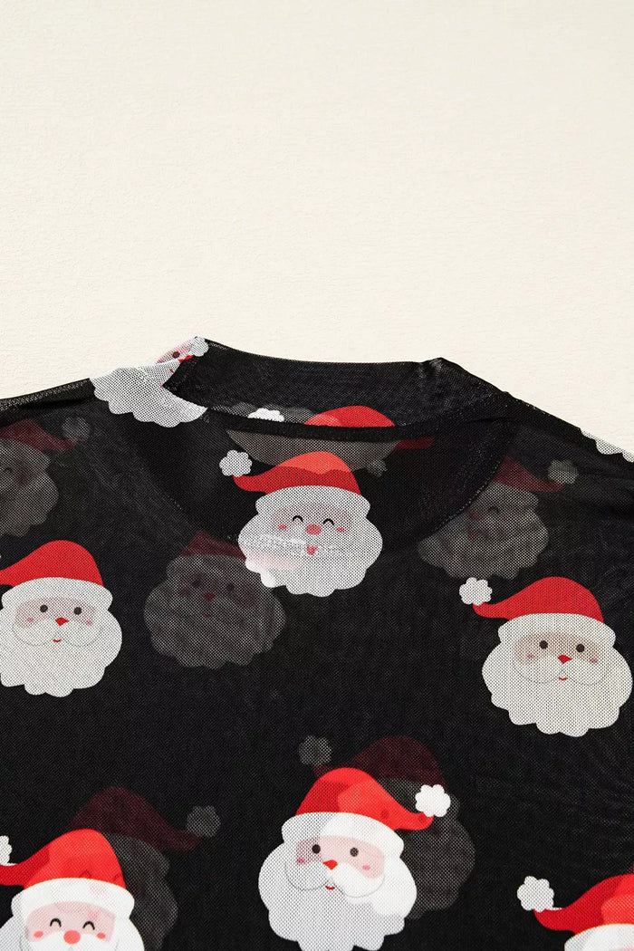 Christmas Santa Print Mesh Long Sleeve Top