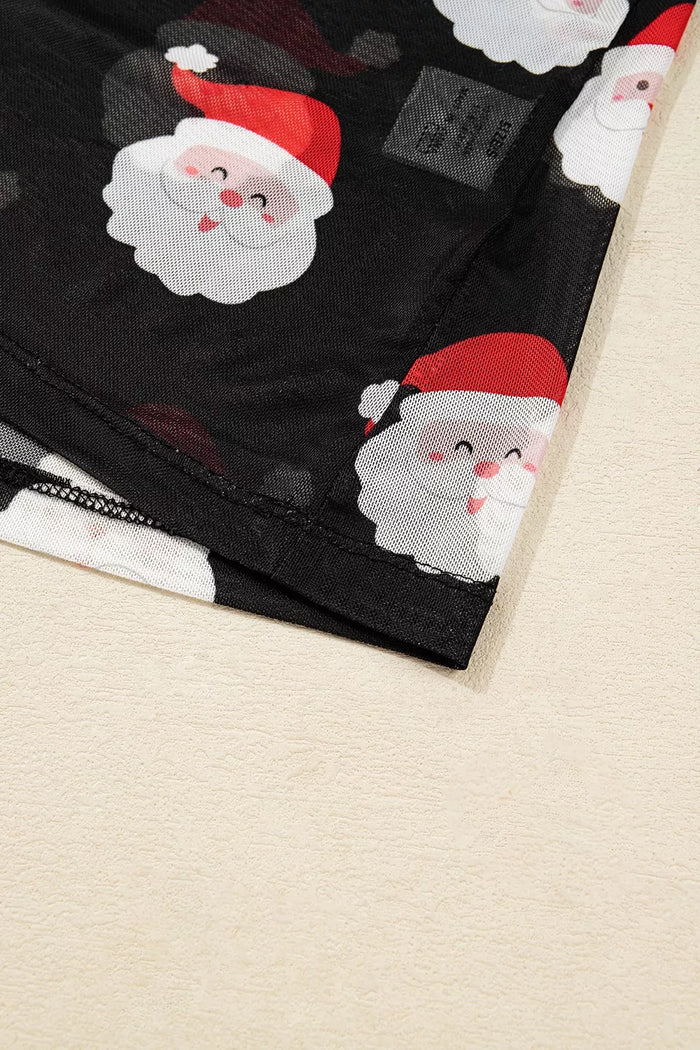 Christmas Santa Print Mesh Long Sleeve Top