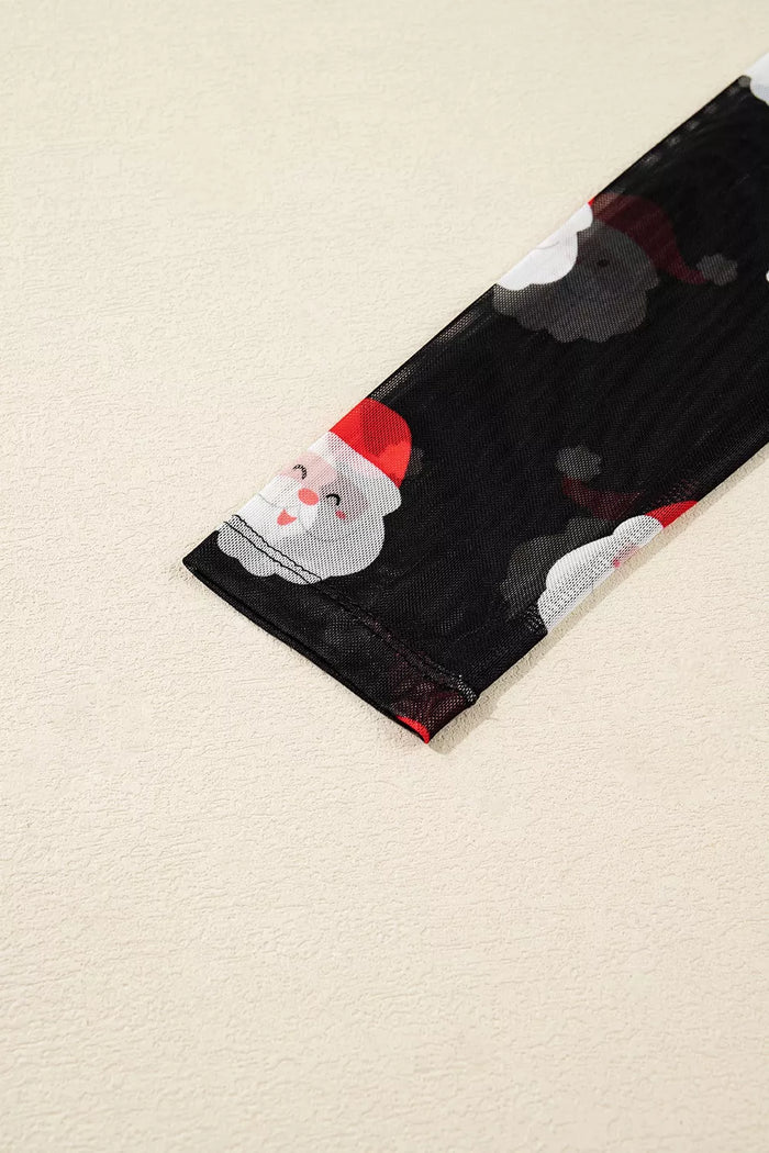Christmas Santa Print Mesh Long Sleeve Top