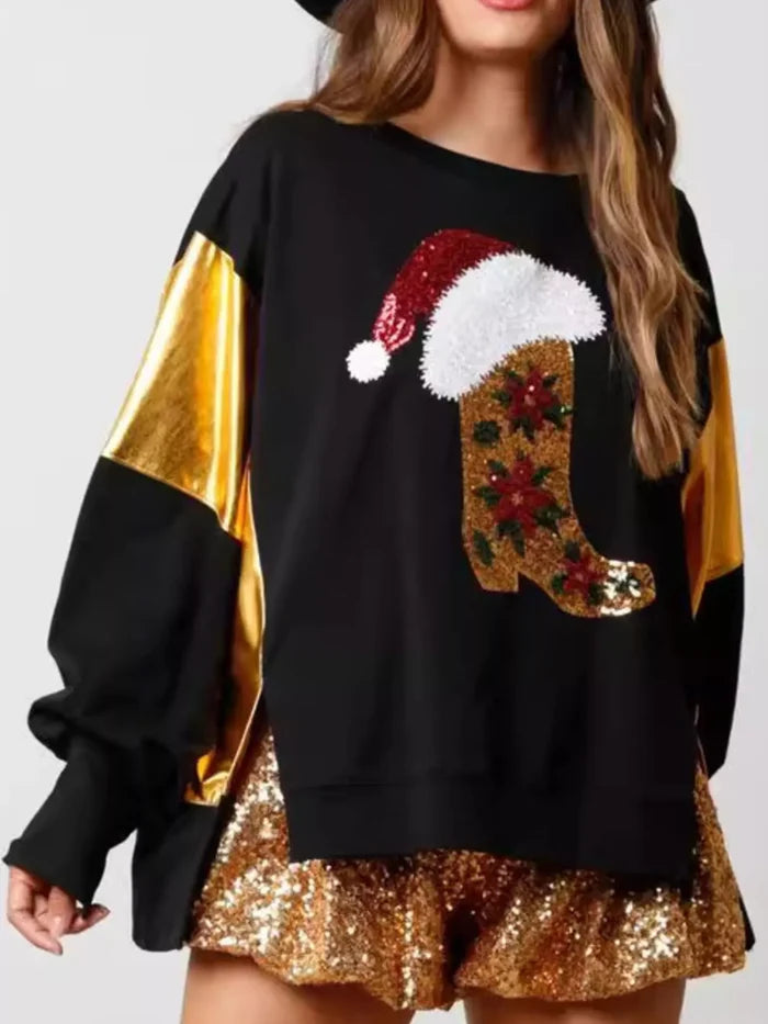 Christmas Sequin Boot Long Sleeve Sweatshirt