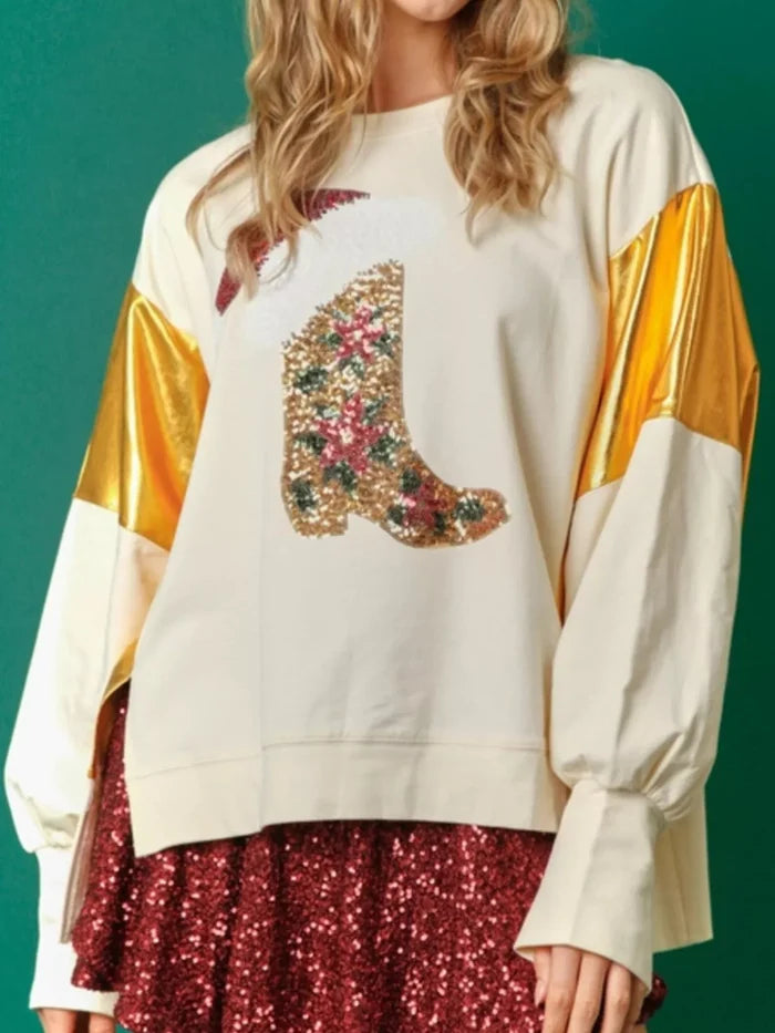 Christmas Sequin Boot Long Sleeve Sweatshirt