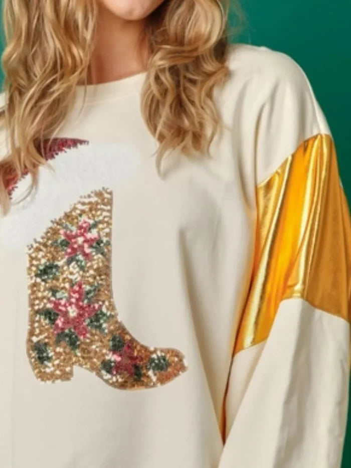 Christmas Sequin Boot Long Sleeve Sweatshirt