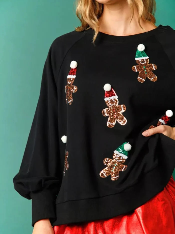 Christmas Sequin Gingerbread Round Neck Sweatshirt