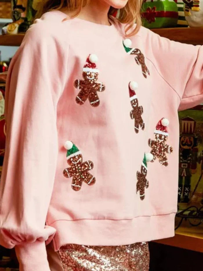 Christmas Sequin Gingerbread Round Neck Sweatshirt