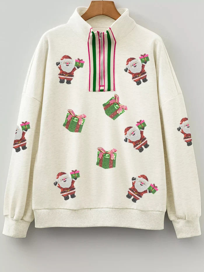 Christmas Striped Patchwork Zip Neck Sequin Santa Gift Sweatshirt