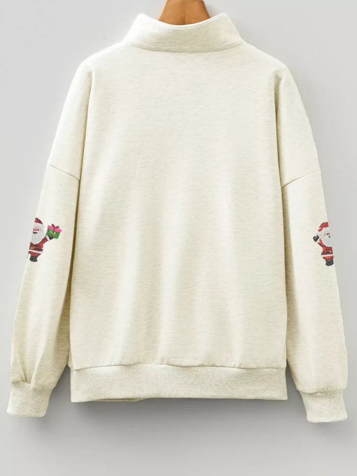 Christmas Striped Patchwork Zip Neck Sequin Santa Gift Sweatshirt