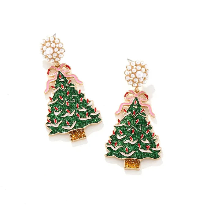 Christmas Tree Dangle Earrings with Pearl
