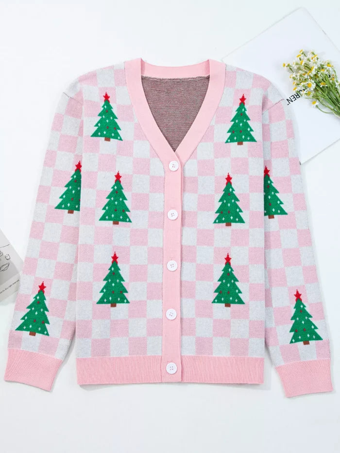 Christmas Tree Pattern Checkered Button V Neck Cardigan
