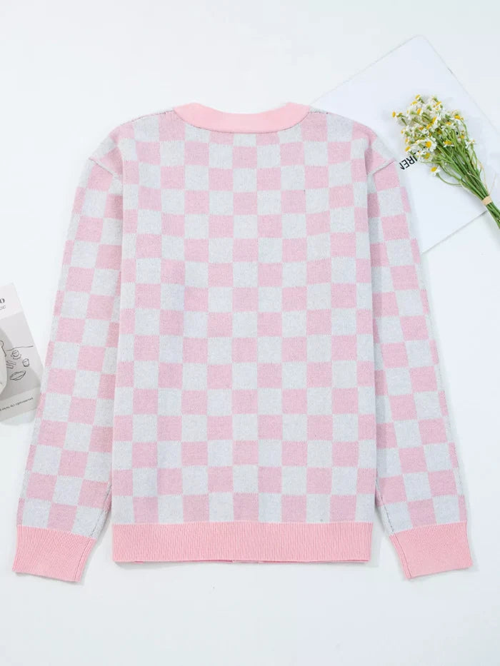 Christmas Tree Pattern Checkered Button V Neck Cardigan