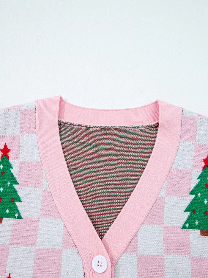 Christmas Tree Pattern Checkered Button V Neck Cardigan