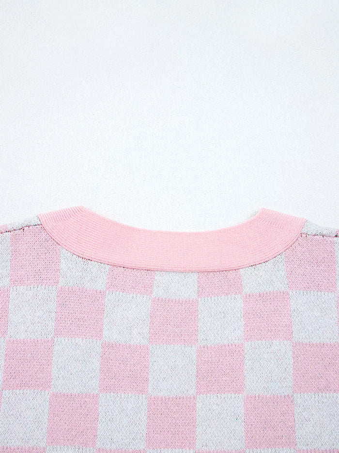 Christmas Tree Pattern Checkered Button V Neck Cardigan
