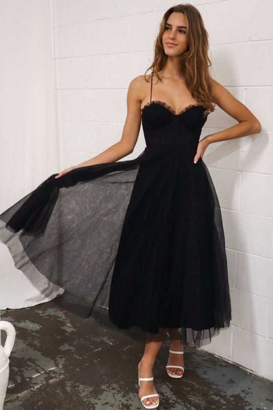 Cindy Tulle Midi Dress - Black - Runway Goddess