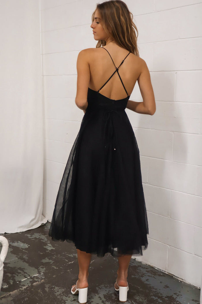 Cindy Tulle Midi Dress - Black - Runway Goddess
