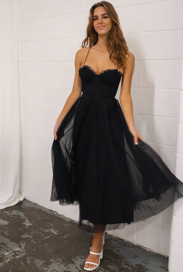 Cindy Tulle Midi Dress - Black - Runway Goddess