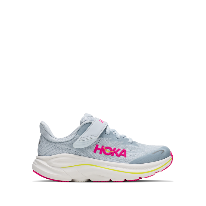 A Hoka running shoe in light gray and white with a bright pink HOKA logo on the side and a neon yellow accent line, shown against a plain white background.