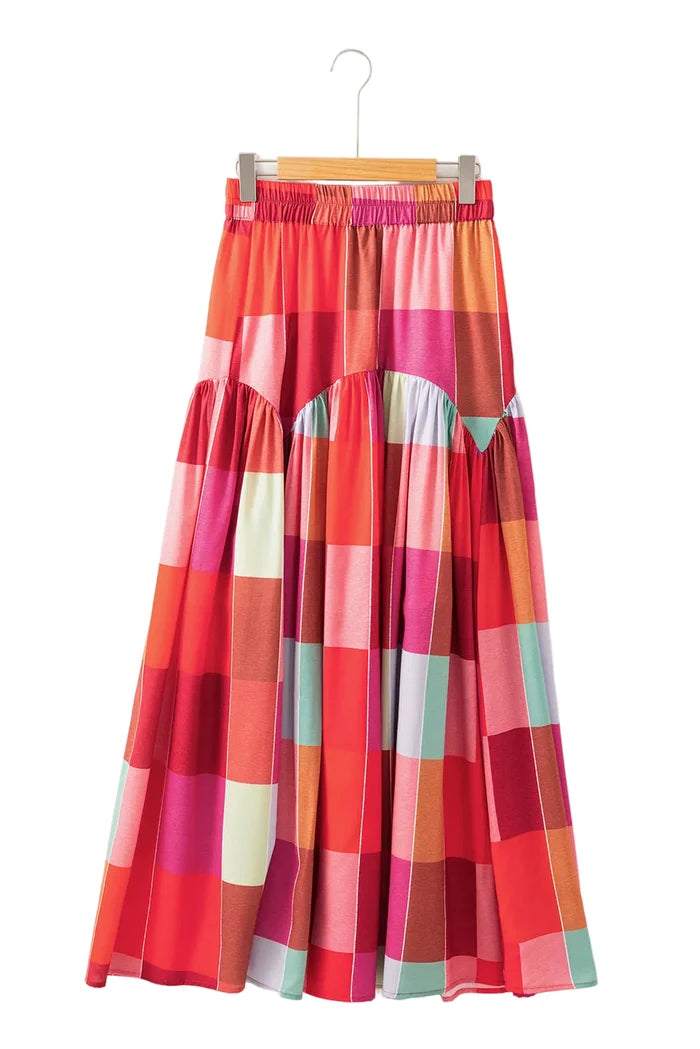 Color Block Elastic Waist Maxi Skirt