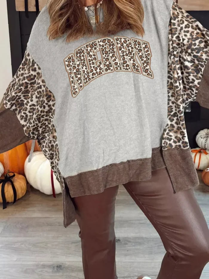 Color Block Leopard Contrast Letter Graphic Christmas Sweatshirt