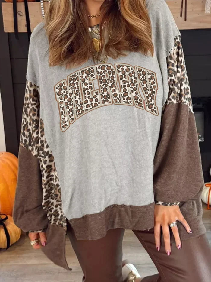 Color Block Leopard Contrast Letter Graphic Christmas Sweatshirt