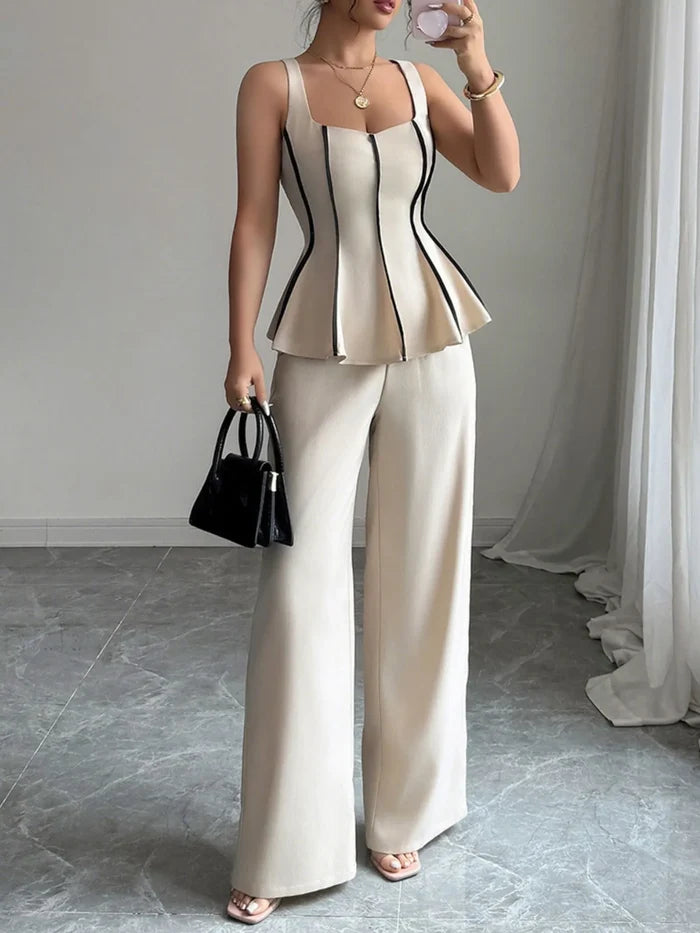 Contrast Piping Top and Wide Leg Pants Set