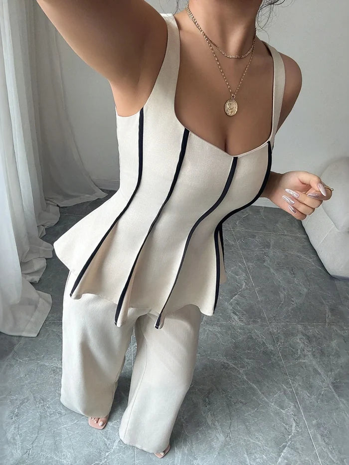 Contrast Piping Top and Wide Leg Pants Set