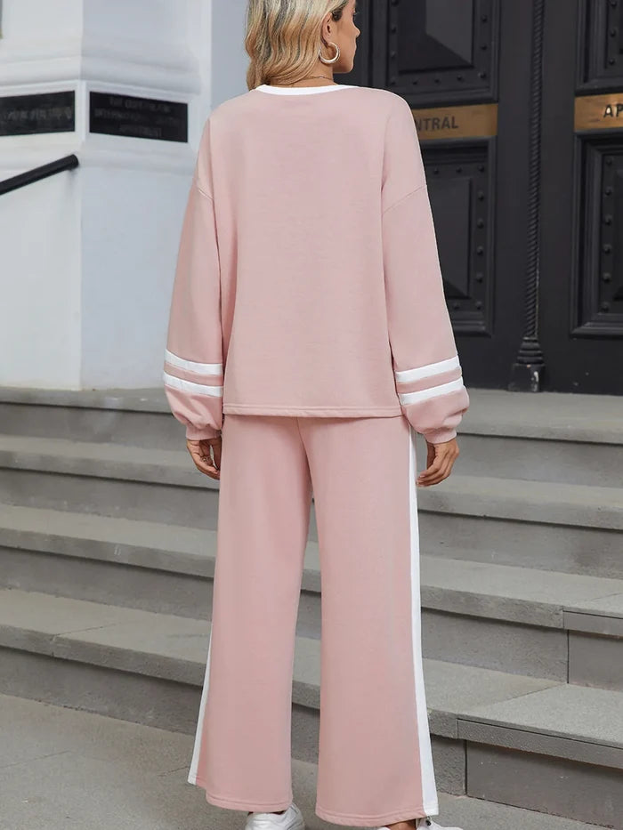 Contrast Trim Round Neck Top and Pants Set
