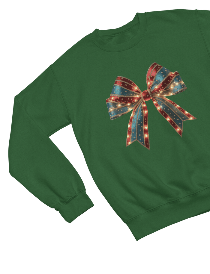 green sweatshirt with girly christmas bow and sparkle details