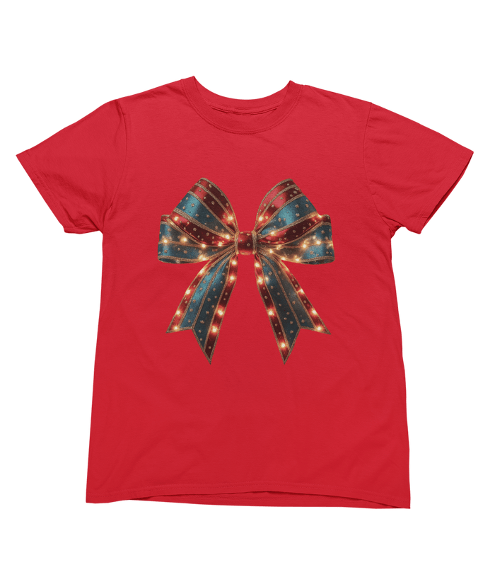 red t-shirt with vintage coquette christmas bow design