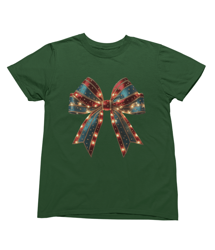 green t-shirt with festive girly bow and glitter christmas graphic