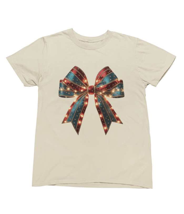 beige t-shirt with girly festive bow and sparkle details