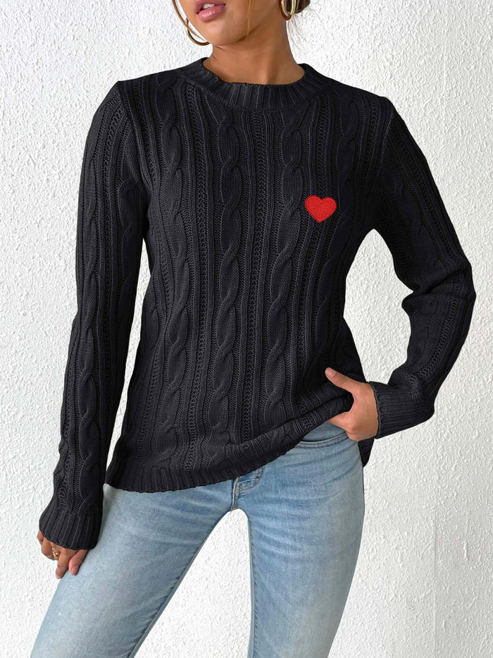 Cozy Cable-Knit Heart Sweater in Soft Pink with Long Sleeves