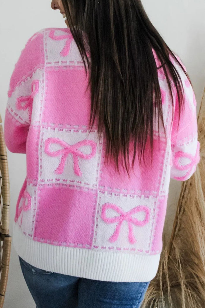 Cozy Soft Pink Bow Round Neck Long Sleeve Sweater