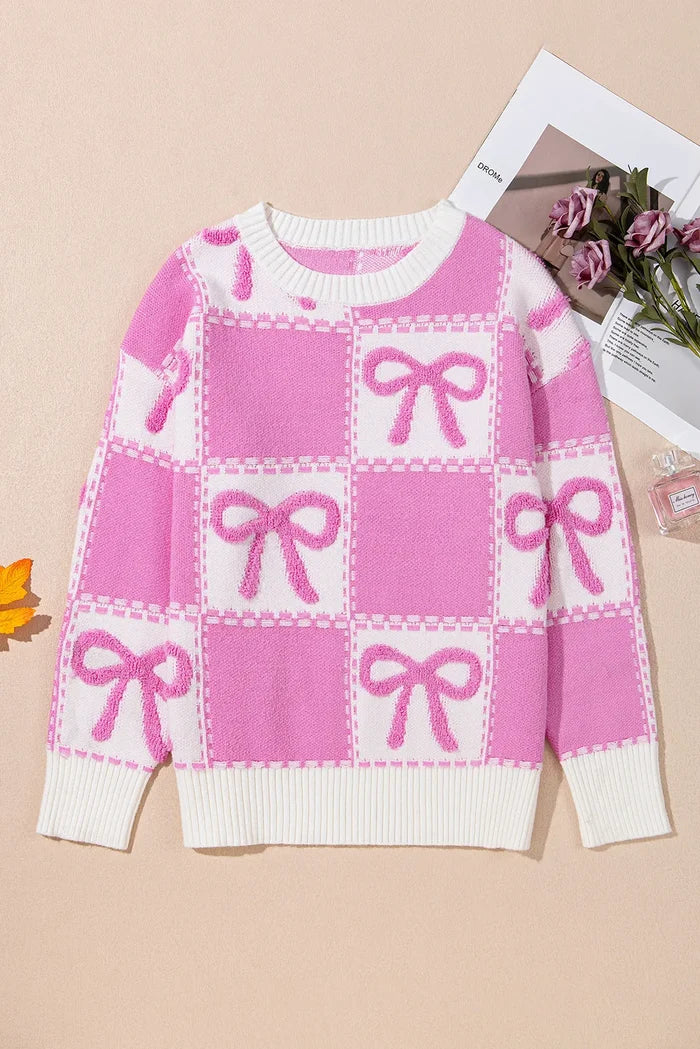 Cozy Soft Pink Bow Round Neck Long Sleeve Sweater