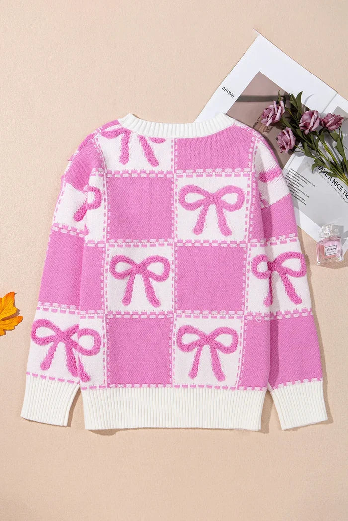 Cozy Soft Pink Bow Round Neck Long Sleeve Sweater