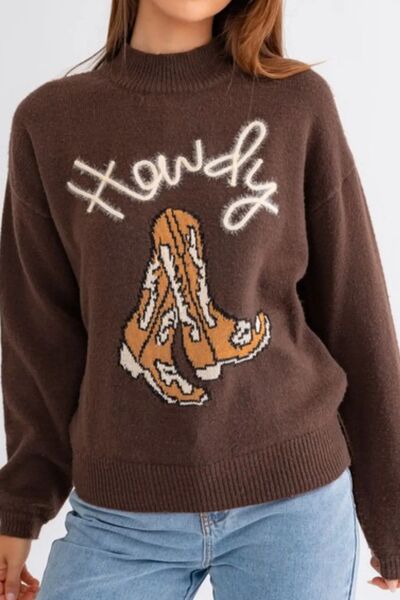 Cozy Women's Mock Neck Sweater with Western Boot Motif