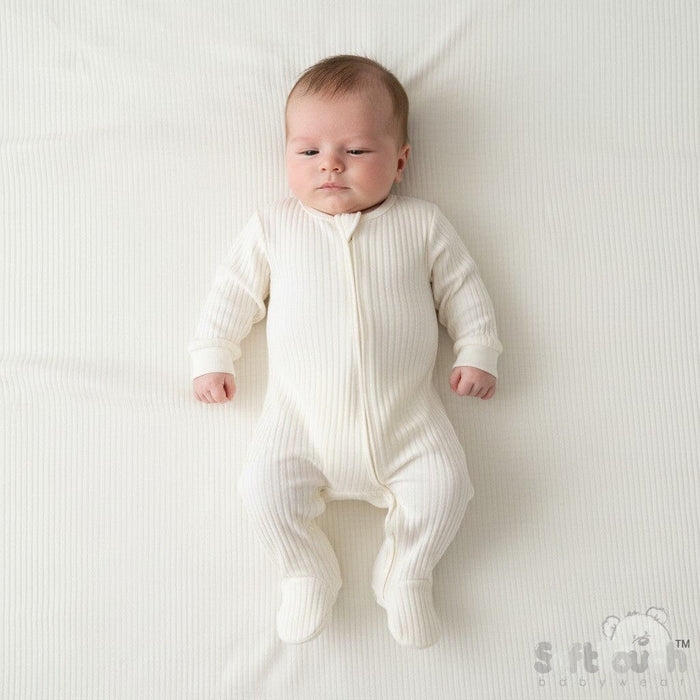 Cream Ribbed Sleepsuit - 100% Cotton Sleepsuit / Babygrow Soft Touch