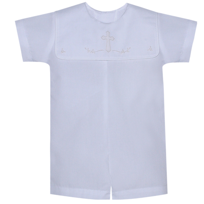 Baby boys light blue short sleeve daygown with embroidered cross detail on white background